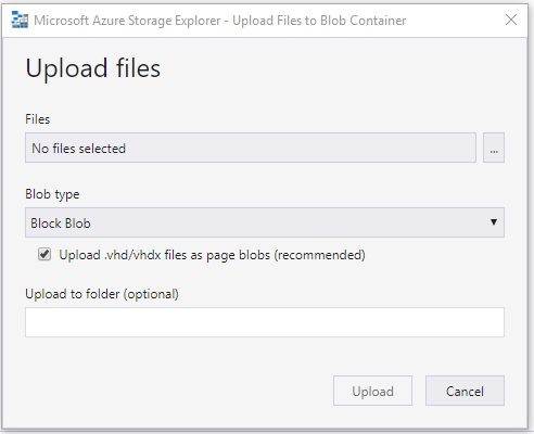 Screenshot: Das Fenster „Suchen“ im Tool Microsoft Azure Storage-Explorer. Das Kontrollkästchen „Upload .vhd or vhdx files as page blobs (recommended)“ (VHD-/VHDX-Dateien als Seitenblobs hochladen [empfohlen]) ist aktiviert.