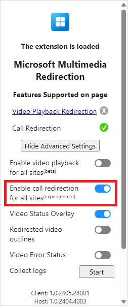 A screenshot showing the browser extension with the option Enable call redirection for all sites (experimental) set to on.