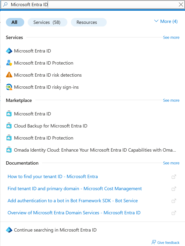 Screenshot: Suchergebnisse für „Microsoft Entra ID“ im Azure-Portal. Das Suchergebnis unter „Dienste“ ist hervorgehoben.