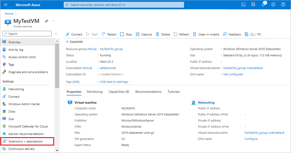 Screenshot: Auswählen von „Erweiterungen und Anwendungen“ für eine VM im Azure-Portal.