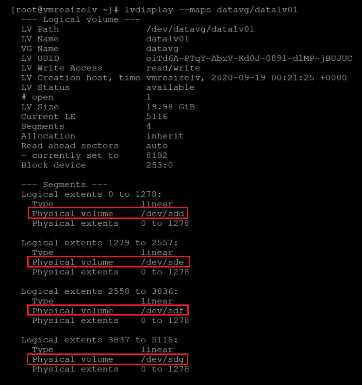 Screenshot: Alternative Möglichkeit zum Ermitteln der Zuordnung von physischen Volumes zu logischen Volumes. Die Ergebnisse sind hervorgehoben.