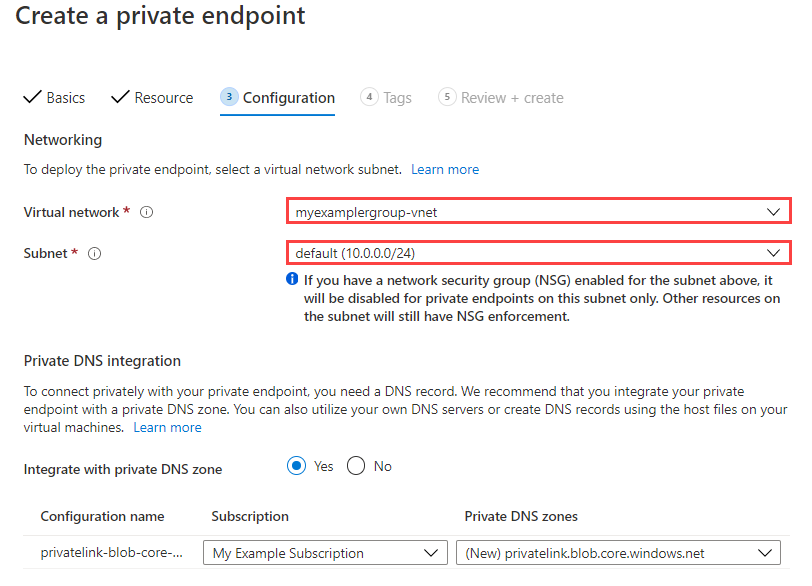 Screenshot: Workflow zum Erstellen des privaten Endpunkts (dritter Bereich) mit hervorgehobenem virtuellem Netzwerk und Subnetz