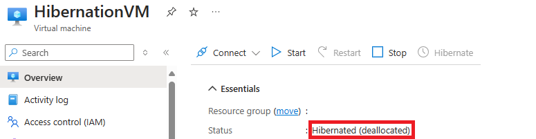 Screenshot des Status der VM im Ruhezustand in der Liste im Azure-Portal als „Ruhezustand (Zuordnung aufgehoben)“.