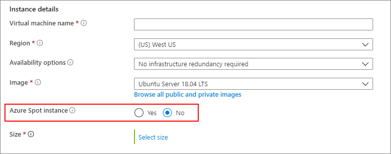 Screenshot: Auswählen der Option „Nein“ hinsichtlich der Verwendung einer Azure Spot-Instanz