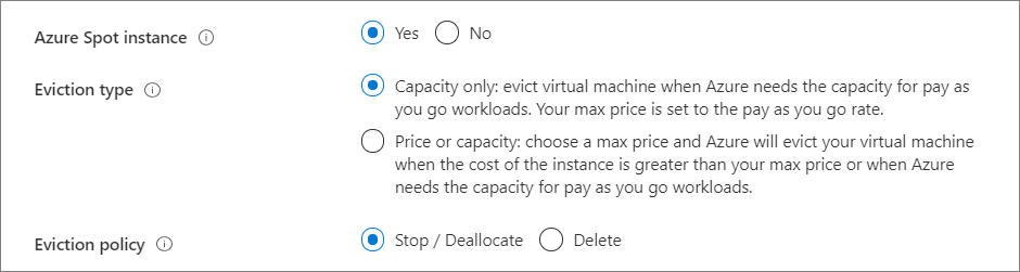 Screenshot: Auswählen der Option „Ja“ hinsichtlich der Verwendung einer Azure Spot-Instanz