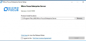 Der Screenshot zeigt das Dialogfeld „Micro Focus Enterprise Server“, in dem Sie die Installation starten können.