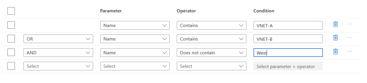 Screenshot der bedingten Anweisung der Netzwerkgruppe mit dem logischen Operator OR und AND.