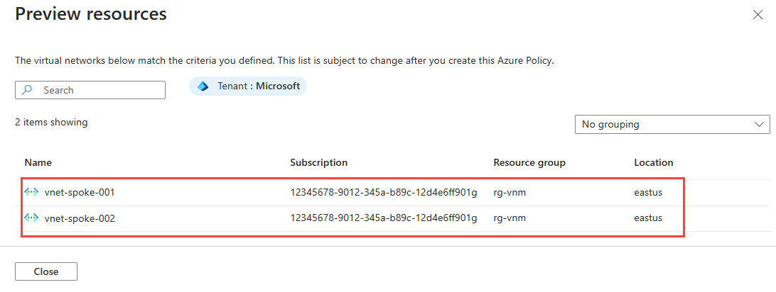 Screenshot: Vorschaubildschirm für Azure Policy-Ressourcen auf Grundlage einer bedingten Anweisung.