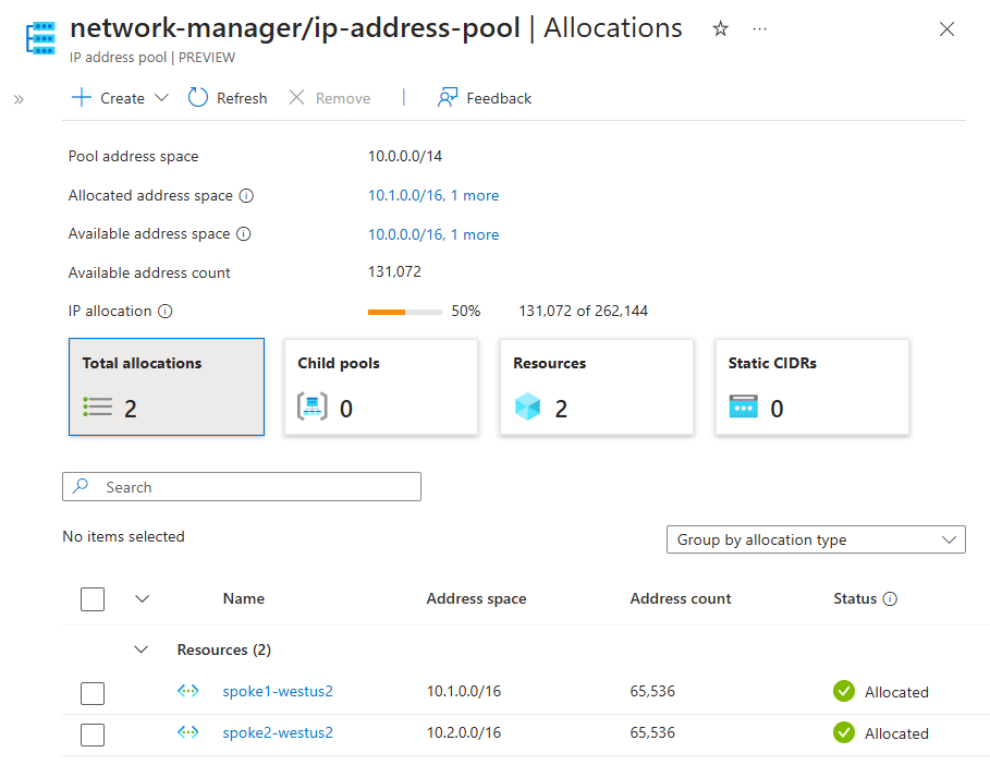 Screenshot der IP-Adresspoolzuweisungen und Statistiken.