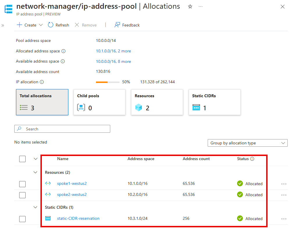 Screenshot der IP-Adresspoolzuordnungen mit hervorgehobenen einzelnen Ressourceninformationen.