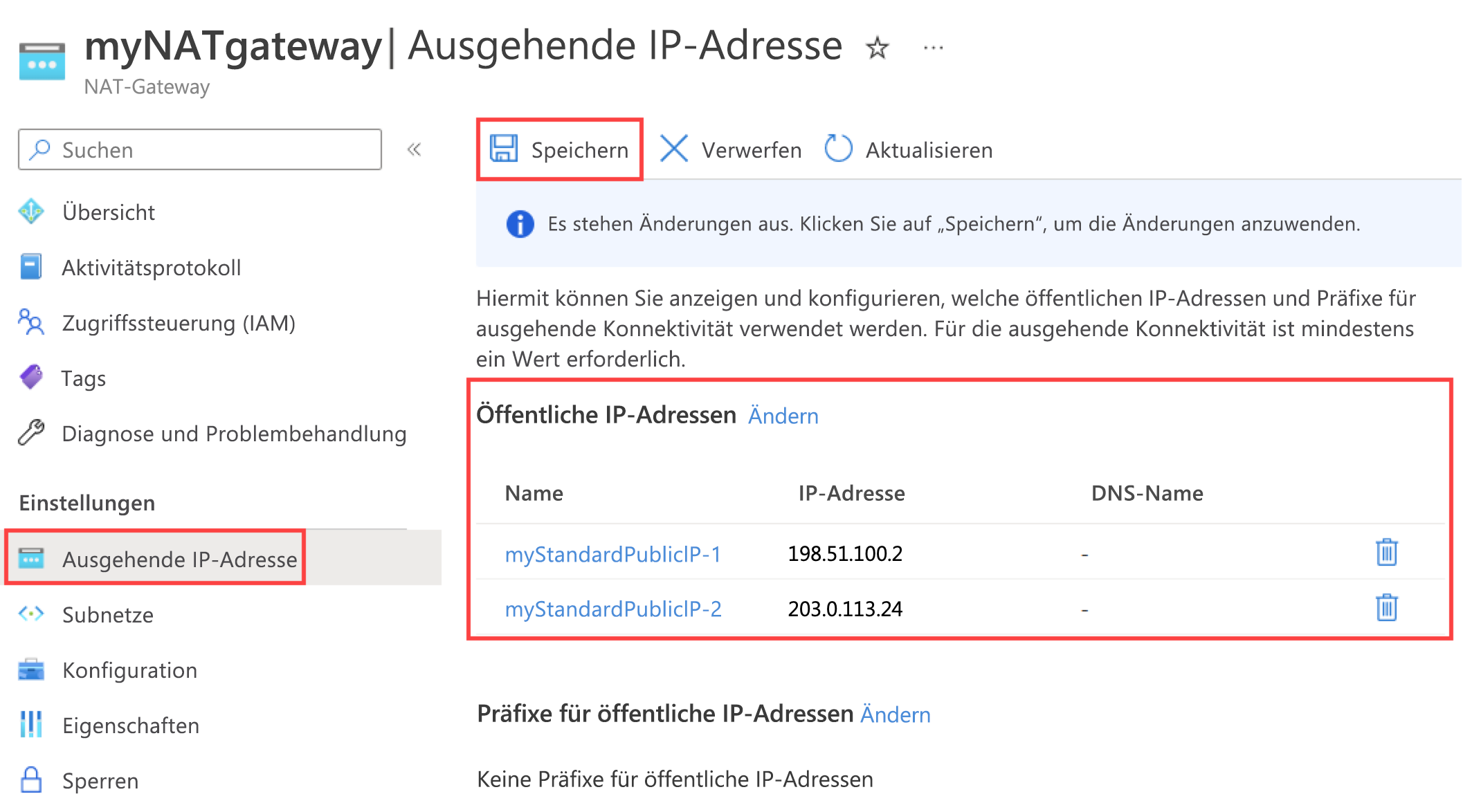 Screenshot: Seite für die Konfiguration der ausgehenden IP-Adresse des NAT-Gateways mit hinzugefügter öffentlichen IP-Adresse