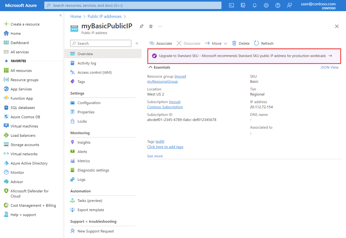 Screenshot: Upgradebanner im Azure-Portal zum Aktualisieren der IP-Adresse der SKU „Basic“