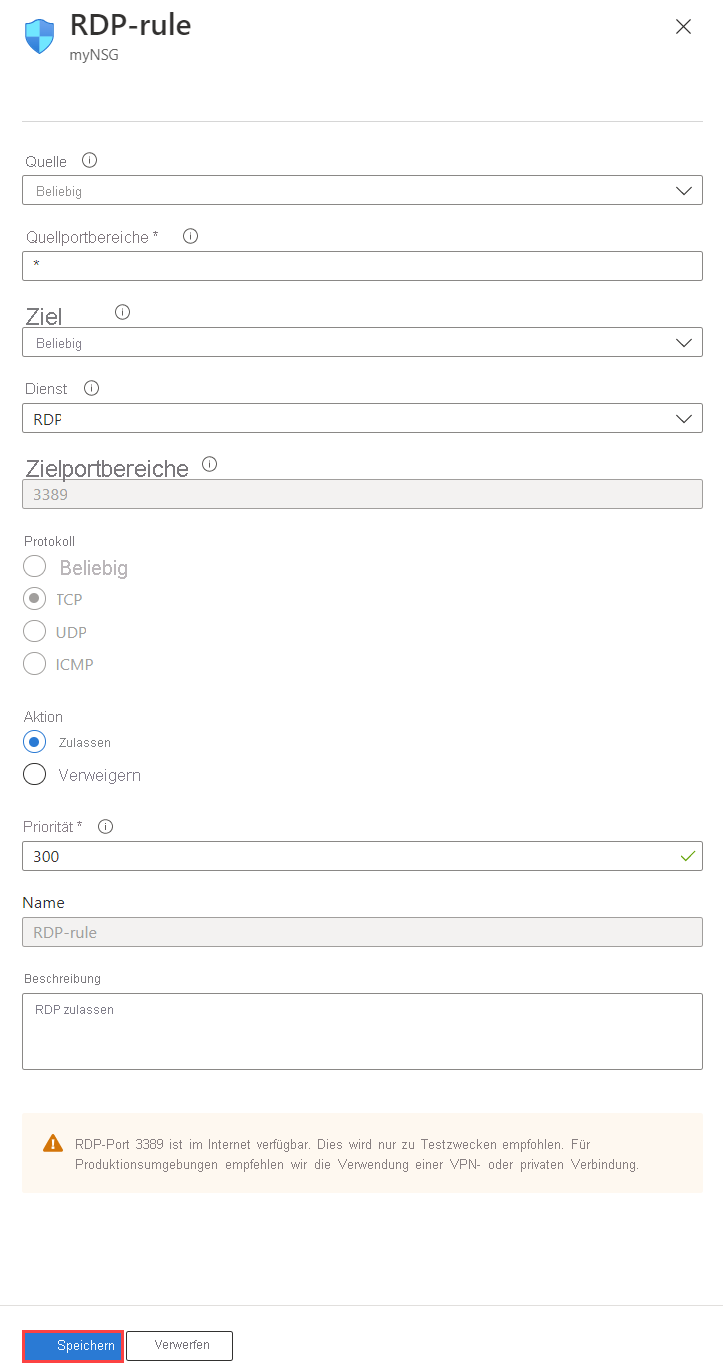 Screenshot des Änderns von Details einer Sicherheitsregel für eingehenden Datenverkehr einer NSG im Azure-Portal