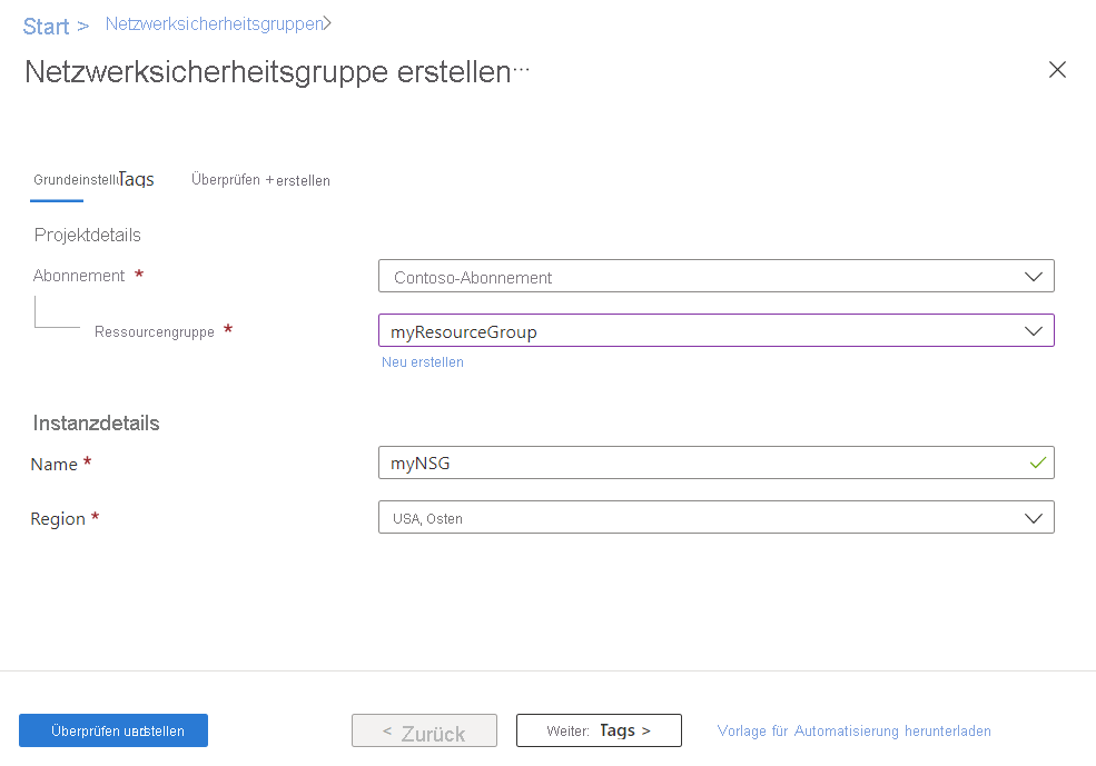 Screenshot der Erstellung einer NSG im Azure-Portal