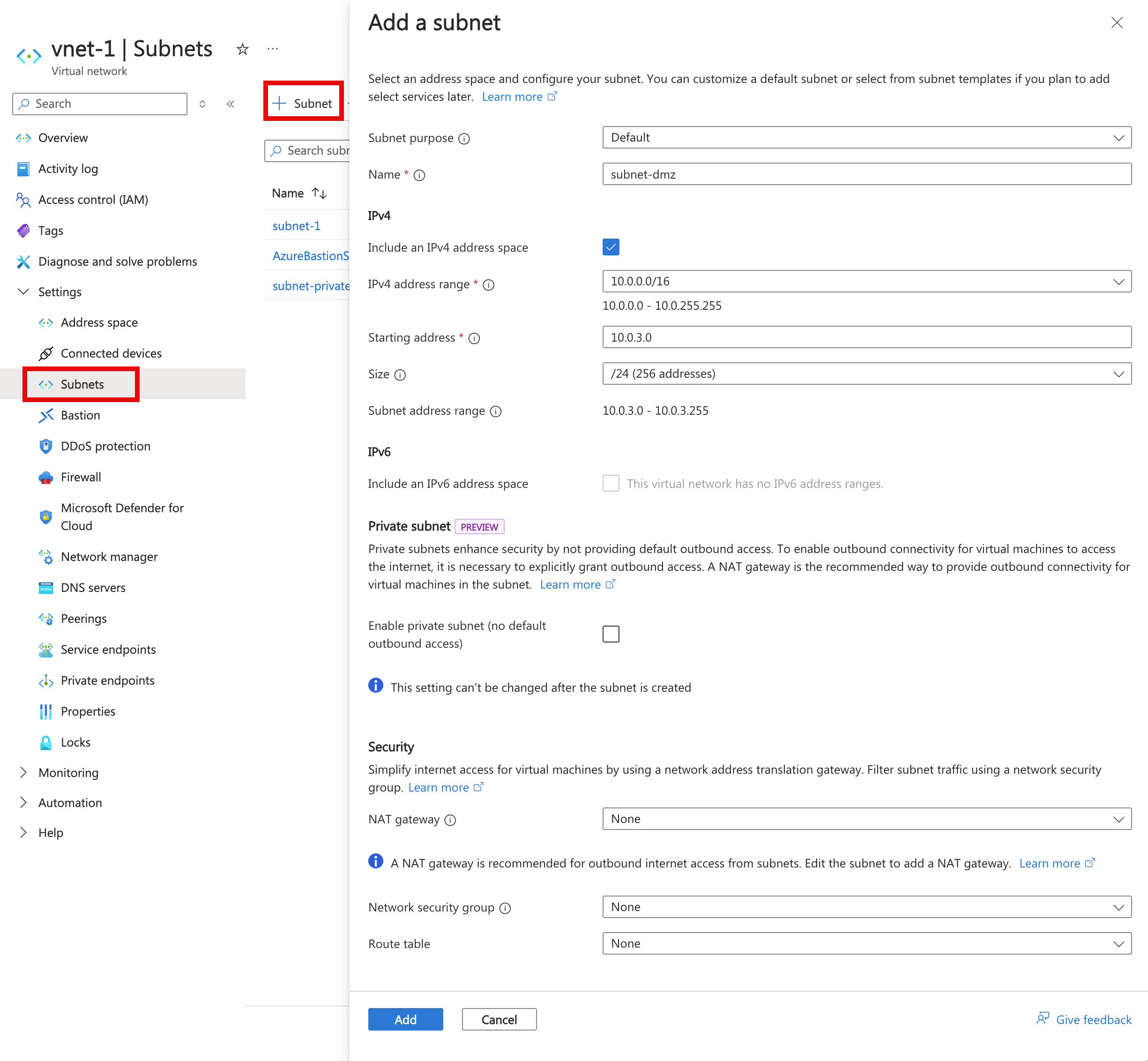 Screenshot: Erstellung des DMZ-Subnetzes im virtuellen Netzwerk