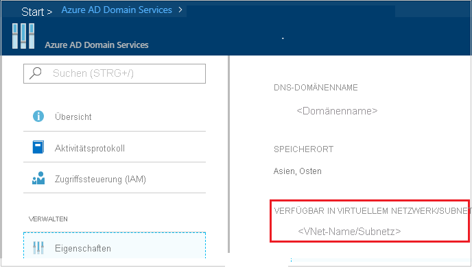 Screenshot des Bildschirms „Microsoft Entra Domain Services“ im Azure-Portal. Das Feld „Verfügbar in virtuellem Netzwerk/Subnetz“ ist hervorgehoben.