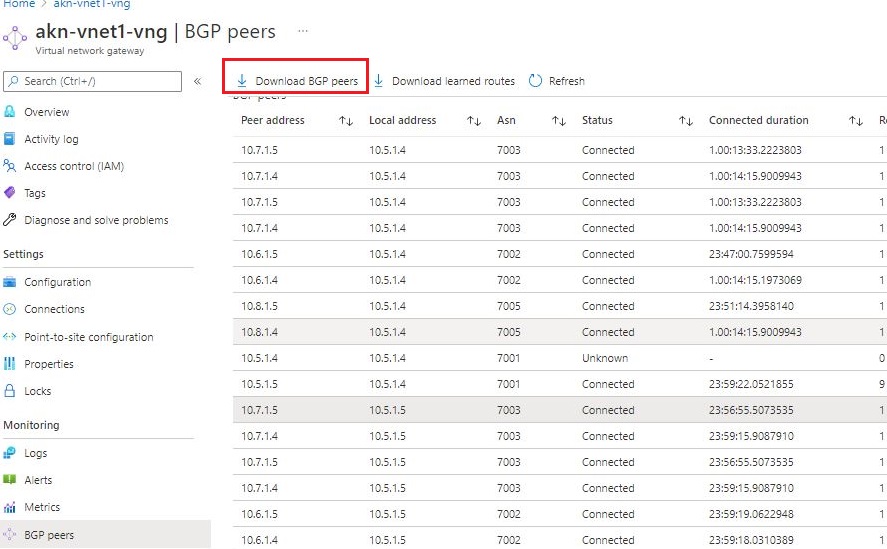 Screenshot: Herunterladen der BGP-Peers