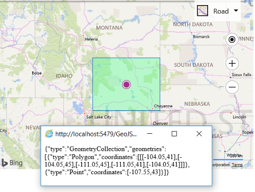 Screenshot of a Bing map showing a polygon shape on top of the state of Wyoming and an alert message showing GeoJSON data.