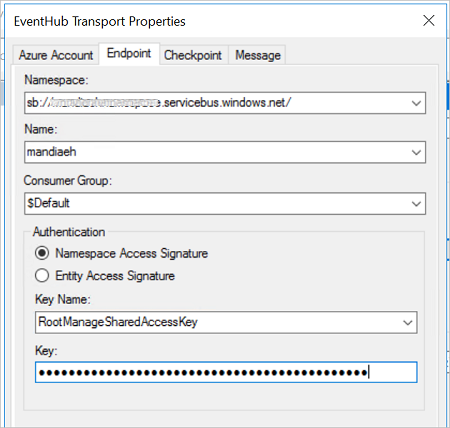 Beispielnamespace, Name, Consumergruppe und Authentifizierungseigenschaften im Event Hub-Adapter empfangen Standortendpunkteigenschaften in BizTalk Server