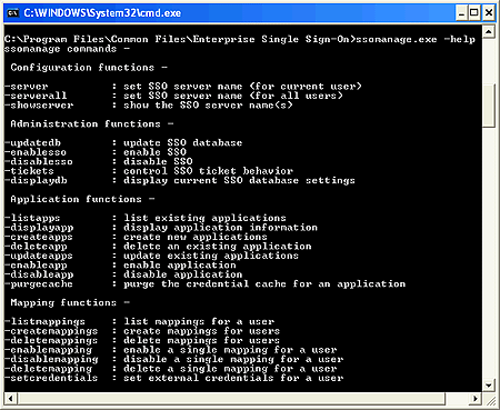 Screenshot eines Windows-Systembefehlsfensters mit einer Liste von Enterprise Single Sign-On-Befehlen mit Syntax und Beschreibungen.