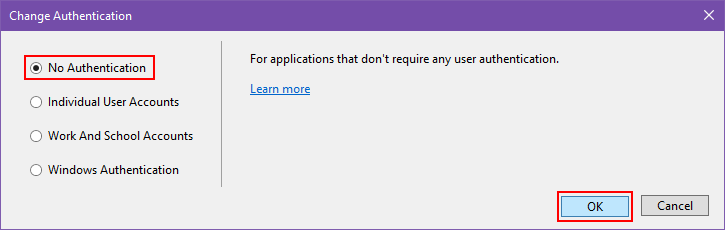 Wählen Sie „Keine Authentifizierung“ aus.