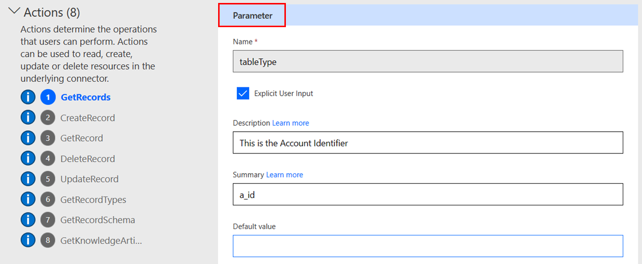 Screenshot der Felder auf der Parameterseite.