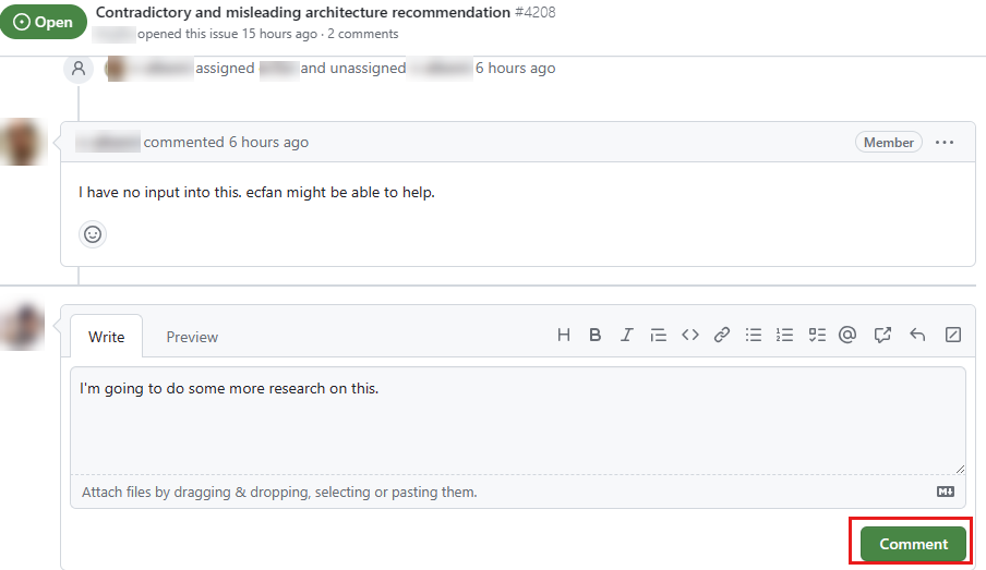 Screenshot eines GitHub-Issues mit einem Kommentarfeld unten.