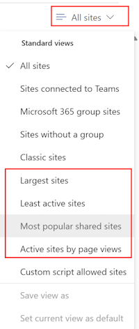 Wählen Sie im SharePoint Admin Center aktive Websites aus, und verwenden Sie dann den Filter Alle Websites.