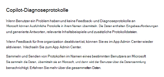 Screenshot, der es Administratoren ermöglicht, Microsoft 365 Copilot Diagnoseprotokolle im Microsoft 365 Admin Center zu sammeln.