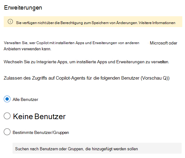 Screenshot, mit dem Sie Benutzern die Verwendung Microsoft 365 Copilot Erweiterungen und Agents im Microsoft 365 Admin Center erlauben oder blockieren können.