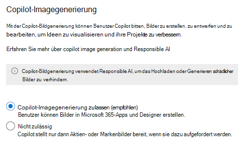 Screenshot, der es Administratoren ermöglicht, Endbenutzern das Erstellen von Bildern mithilfe von Microsoft 365 Copilot im Microsoft 365 Admin Center zu erlauben oder zu verhindern.