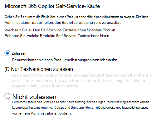 Screenshot: Benutzer können Microsoft 365 Copilot ohne Genehmigung des Administrators auf der Copilot-Seite im Microsoft 365 Admin Center erwerben.