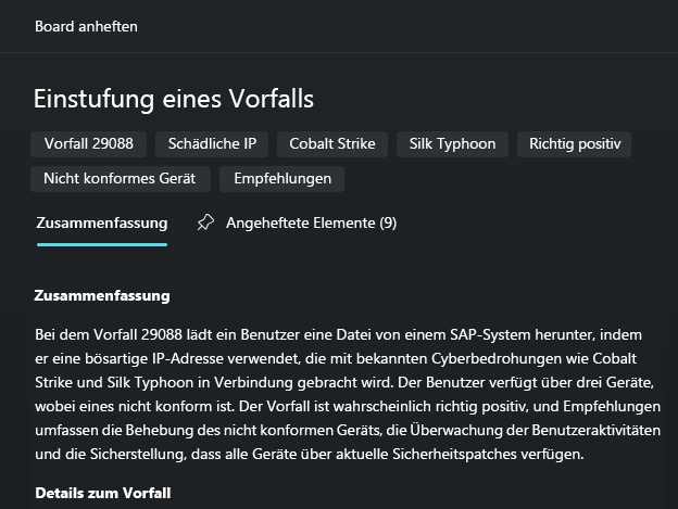 Screenshot: Zusammenfassung der freigegebenen Sitzung und angeheftete Elemente