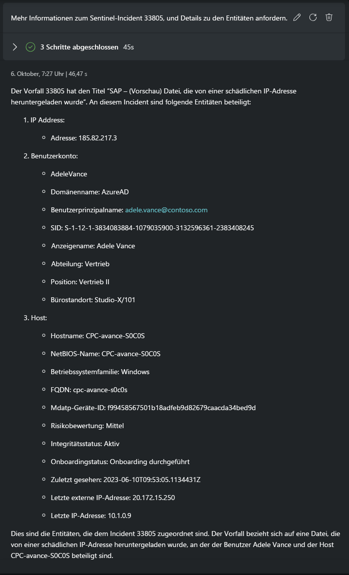 Screenshot: Zusammenfassung Microsoft Sentinel Incidents