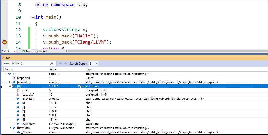 Screenshot von Visual Studio beim Debuggen einer Beispiel-App