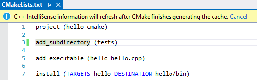 Screenshot einer CMake Lists .txt Datei, die in Visual Studio bearbeitet wird.