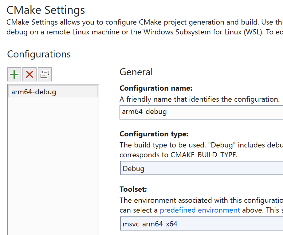 CMake settings dialog.