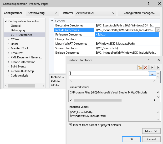 Screenshot der Visual Studio-Projekteigenschaftenseite für VC++-Verzeichnisse.