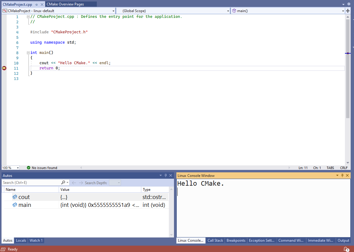 Screenshot eines laufenden Hello World-Programms.