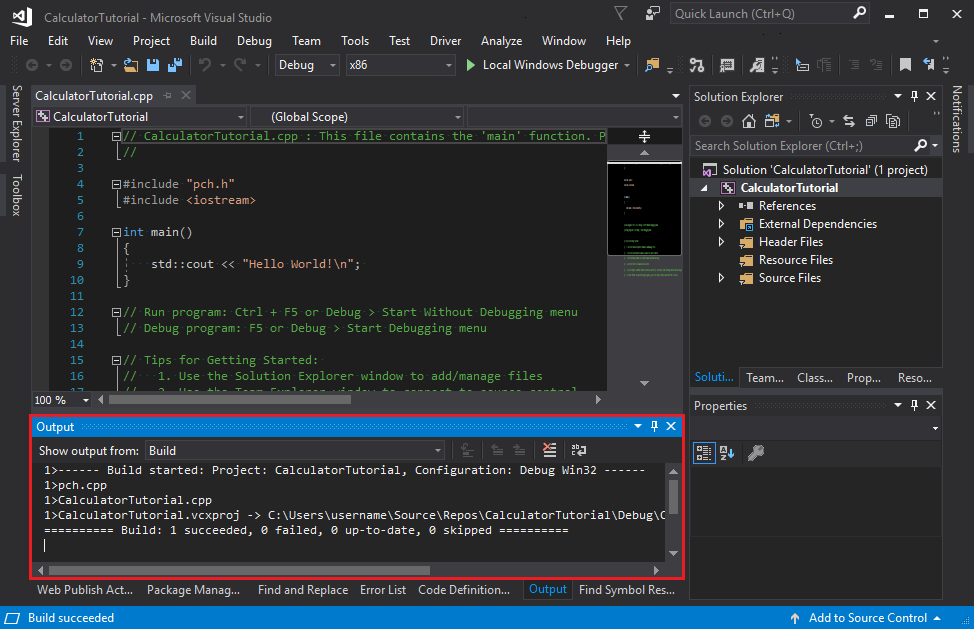 Screenshot des Visual Studio-Ausgabefensters mit der Meldung, dass die Erstellung erfolgreich war