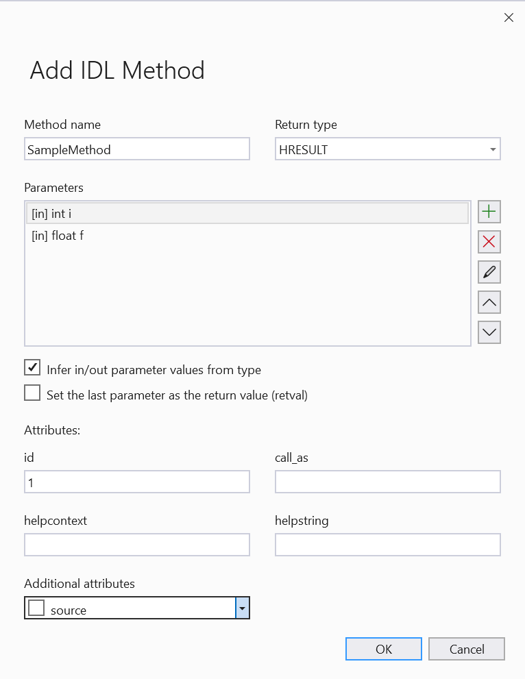 Screenshot: Hinzufügen einer Methode mithilfe des Assistenten. Gezeigt werden zwei Parameter: „[in] int i“ und „[in] float f“. Rückgabetyp ist HRESULT. „in/out-Parameterwerte von Typ ableiten“ ist ausgewählt.