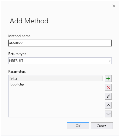 Screenshot: Assistent zum Hinzufügen von Methoden. Methodenname ist „aMethod“; Rückgabetyp ist HRESULT; zwei Parameter sind definiert: „int x“, „bool clip“