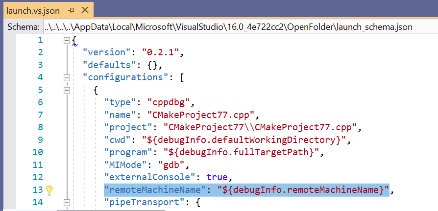 In der Datei „launch_schema.json“ ist der CMake-Remotedebugcomputer angegeben. Der Name des Remotedebugcomputers lautet „${debugInfo . remoteMachineName}“