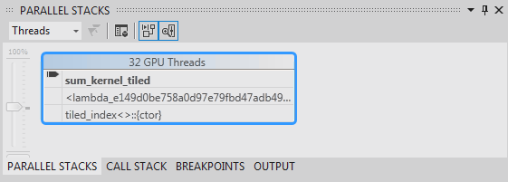 Parallel stacks window with 4 active threads.