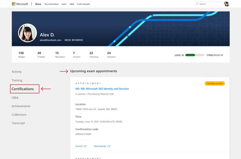 Microsoft Learn-Webseite mit dem linken Menü mit hervorgehobenen Zertifizierungen und hervorgehobenen Terminen für bevorstehende Prüfungen.