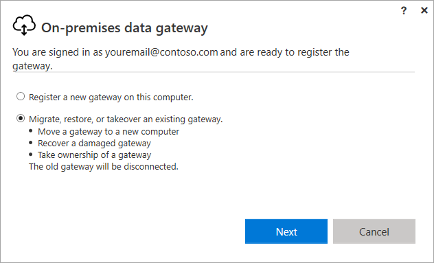 Auswahl zum Migrieren, Wiederherstellen oder Übernehmen eines Gateways.