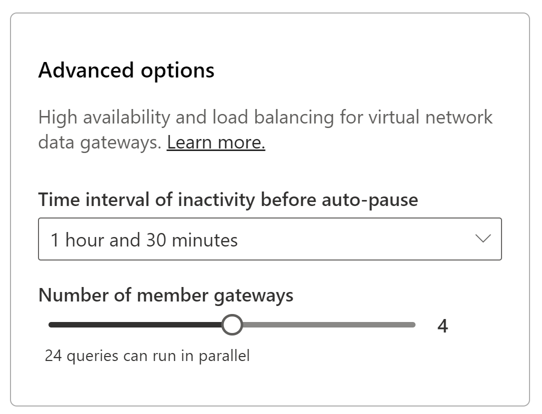 Screenshot der erweiterten Optionen des VNet Gateways, wobei das Zeitintervall auf 1 Stunde und 30 Minuten und die Anzahl der Gateways auf 2 festgelegt sind.