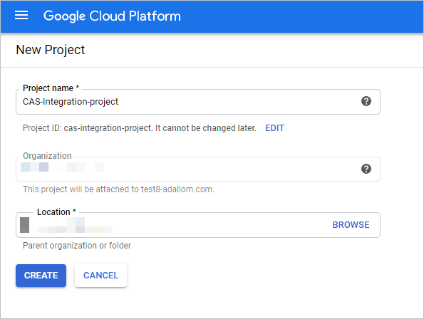 Screenshot: Dialogfeld zum Erstellen eines GCP-Projekts