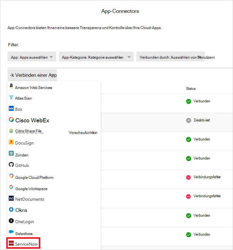 Verknüpfen Sie ServiceNow.