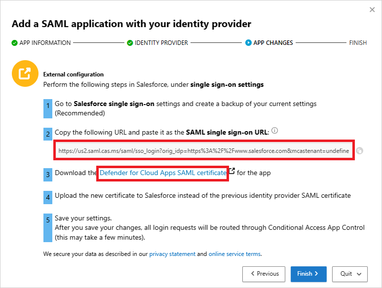 Notieren Sie sich die Defender for Cloud Apps SAML-SSO-URL, und laden Sie das Zertifikat herunter.